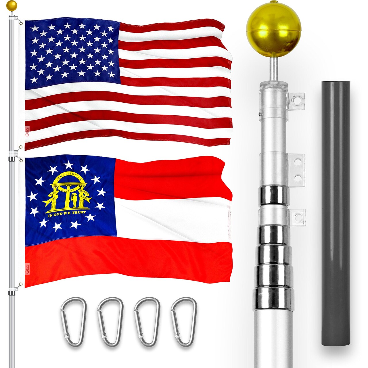 G128 Combo Pack: 25 Ft Telescoping Aluminum Flagpole (Silver) & American and Georgia Flags 3x5 Ft, Both ToughWeave Series Embroidered Polyester | Pole with Flags Included